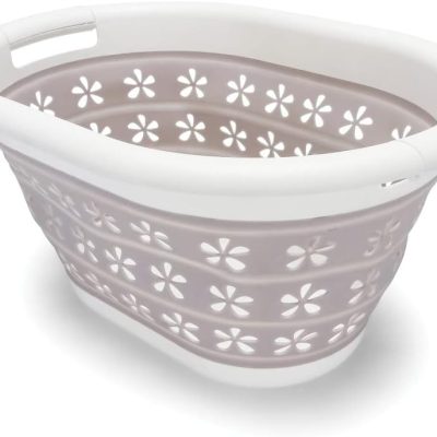Collapsible Laundry Basket | Features Simple Pop-Open & Collapse-Down Design | Waterproof for Easy Clean-Up | Measures 14.5” x 19.75” x 2.5”/10” Collapsed/Expanded, Taupe & White (51951)