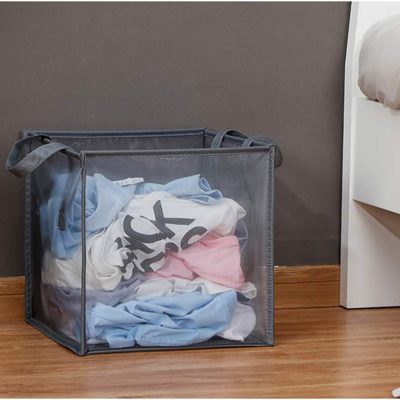 Laundry Bags Hamper Bag with Handles,Portable &Collapsible Dirty Clothes Mesh Basket Foldable for Washing Storage, Kids Room,Dorm or Travel (Black, Single-Layer)