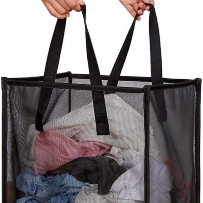 Laundry Bags Hamper Bag with Handles,Portable &Collapsible Dirty Clothes Mesh Basket Foldable for Washing Storage, Kids Room,Dorm or Travel (Black, Single-Layer)