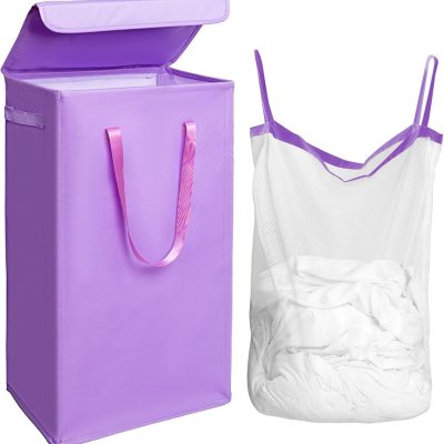 75L Slim Laundry Hamper with Lid,Large Foldable Laundry Basket with Removable Bag and Handles Tall Collapsible Dirty Clothes Basket Great for Bedroom, Bathroom, Dorm, College,RV.(Purple, 75L)