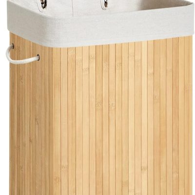 Foldable Laundry Hamper with Lid, 19 Gal. Bamboo Laundry Basket, Rectangular Storage Hamper with 3 Handles, 15.7 x 11.8 x 23.6 Inches, for Laundry Room, Bedroom, Natural