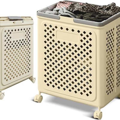 50L Slim foldable Storage Basket with Wheels and Handles – Heavy-duty mesh storage rack for yoga mats, gym equipment, laundry room space-saving rolling basket for home gym, bathroom, bedroom