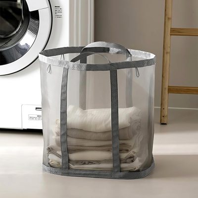 Mesh Bag with Handles, Collapsible Laundry Basket, Foldable Laundry Bag, Breathable Folding Beach Bag,Space-saving Travel Tote Bags (1, Grey)
