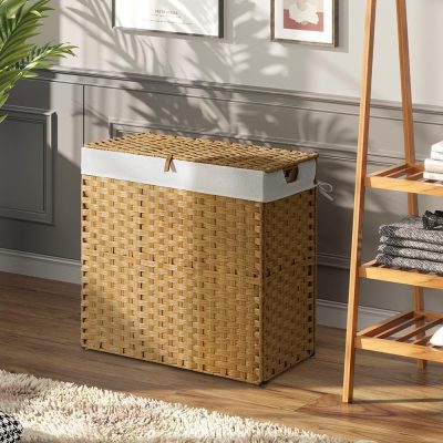 Laundry Hamper with lid, No Install Needed, 110L Wicker Laundry Baskets Foldable 2 Removable Liner Bags, 2 Section Clothes Hamper Handwoven Rattan Laundry Basket with Handles, Natural