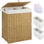Laundry Hamper with lid, No Install Needed, 110L Wicker Laundry Baskets Foldable 2 Removable Liner Bags, 2 Section Clothes Hamper Handwoven Rattan Laundry Basket with Handles, Natural