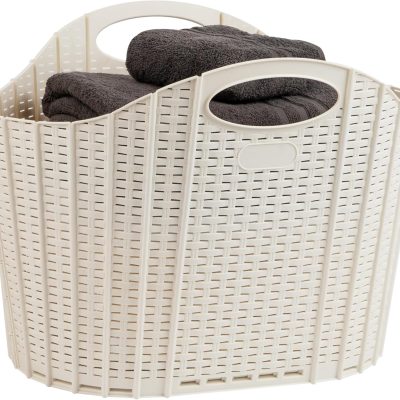 40L Collapsible Laundry Hamper, Clothes Basket, Premium Wicker Design, Plastic, 21.5″L x 15″W x 15.25″H, Ivory