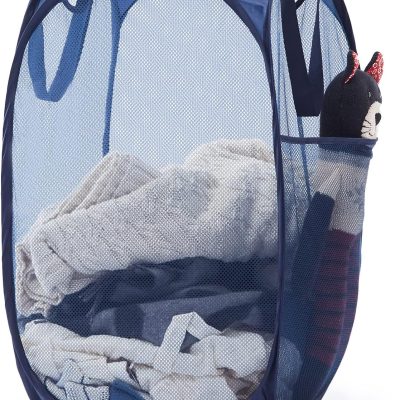 Collapsible Pop Up Laundry Basket, Hamper with Sturdy Handles and Side Pocket – Mesh Portable Foldable Dirty Clothes Hamper for Dorm, Laundry room, Bathroom and Travel Storage, Navy Blue