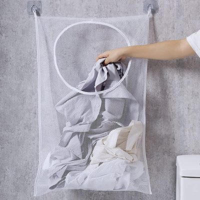 Hanging Laundry Hamper Bag, Portable Laundry Bag, 30 x 20 Inch Large Foldable Wall Hanging Laundry Basket with 2 Adhesive Hooks for Dirty Clothes Organization and Storage