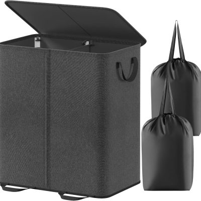 Double Laundry Hamper with Lid and Removable Laundry Bags, Large Collapsible 2 Dividers Dirty Clothes Basket with Handles for Bedroom, Laundry Room, Closet, Bathroom, College, 136L Black